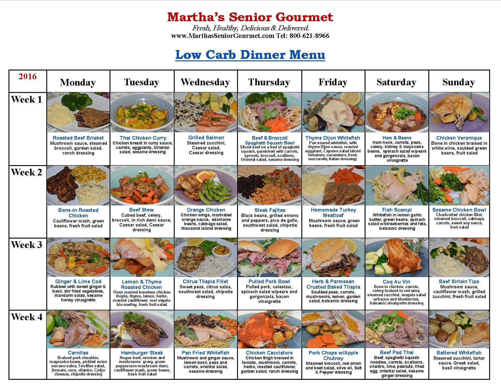 Low Carb Dinner Menu | Martha's Senior Gourmet