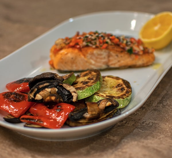 salmon and roasted vegetables dinner